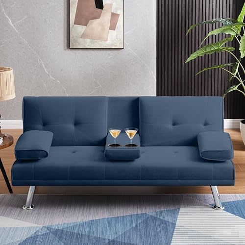 Folding Futon Velvet Sofa Bed Adjustable Couch Sleeper for Living Room Stainless Steel Frame and Feet with 2 Cup Holders，Removable Armrests (Dark Blue)
