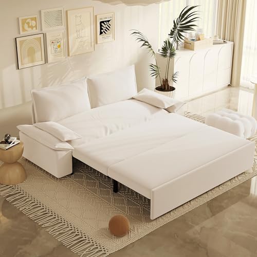 GNIXUU 70.1" Queen Pull Out Sofa Bed, Velvet Convertible Sleeper Sofa Couch with 2 Soft Pillows, Comfy Futon Bed Pull Out Couch for Living Room, Apartment, Small Space(Beige)