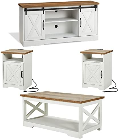 AMERLIFE 4-Piece Farmhouse Table Set Includes Sliding Barn Door TV Stand, Coffee Table& Two End Tables, Side Table with Charging Station and USB Ports, for Living Room, Bedroom, Distressed White, 66"