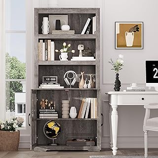 Bookshelf with Cabinet, 68.9'' Book Shelf with Door 5 Tier Farmhouse Bookshelf with Glass Window, Wood Bookcase Bookshelves Kitchen Pantry for Living Room Home Office Kitchen (Oak)