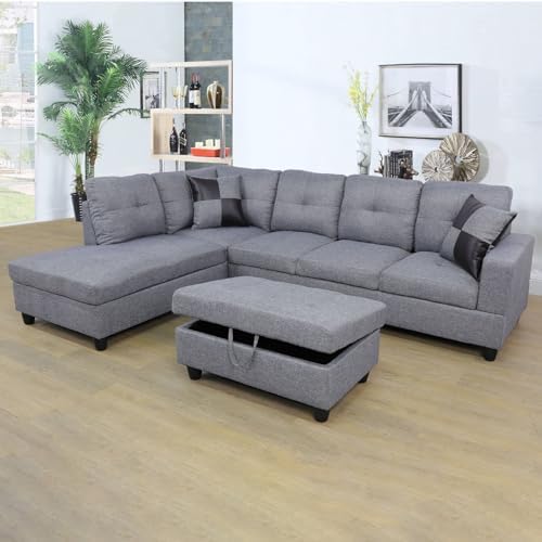 RITSU Modern L Shaped Sectional Sofa Set with Storage Ottoman, Facing Longue, Reversible Backrest w/ 2 Cup Holders, Linen Tufted Cushions, for Living Room, 103inch, Grey w/Left Chaise Lounge