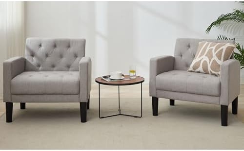 TYBOATLE Accent Chairs Set of 2 Comfy Living Room Chair Tufted Mid Century Modern Accent Chair, Cozy Upholstered Reading Arm Chair for Office, Bedroom (Light Grey, Set of 2)