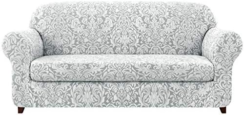 subrtex Sofa Slipcover 2-Piece Jacquard Damask Couch Cover with Seat Cushion Stretch Furniture Protector for Armchair in Living Room for Kids, Pets (Large,Light Smoky Gray), LightSmokyGray