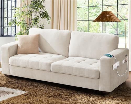 89 Inch Modern Sofa Couch with USB Port & Side Pockets, Chenille Fabric 3 Seater Couch,Comfy Washable Small Sofas & Couches for Living Room Bedroom Apartment（Beige）