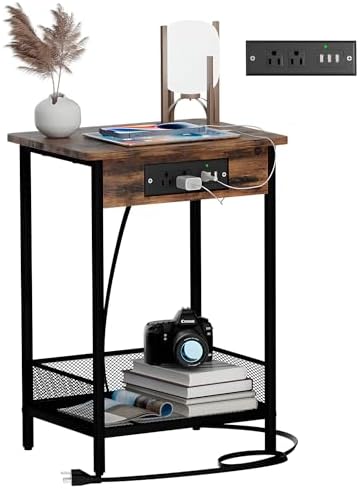 Side Table Night Stands End Table with Charging Station Narrow End Table Living Room Bedroom Small End Tables for Small Spaces Rustic Brown