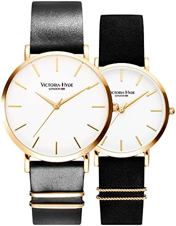 VICTORIA HYDE Couple Watches for Men Women Genuine Leather Strap Stainless Steel Mesh Band His and Hers Waterproof Quartz Wristwatch Gifts Set for Lovers