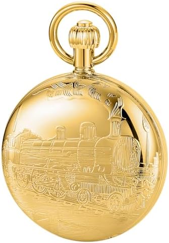 Copper Pocket Watch Train Railroad Case Mechanical Men's Pocket Watch Roman Numerals Hand Wind Pocket Watch with Chain&Box