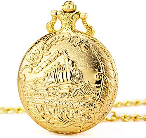 Pocket Watch Steam Train Quartz Fob Watch for Men Women with Chain, Gold