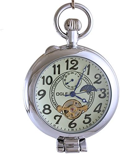 Waterproof Silver Magnifier Tourbillon Phases Moon Chain Fob Self Winding Automatic Skeleton Half Hunters Mechanical Pocket Watch