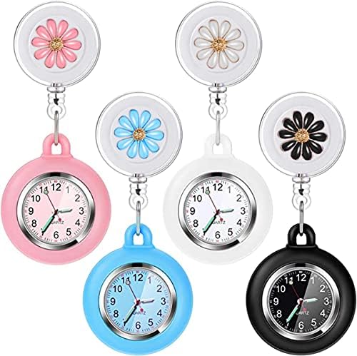 4 Pack Retractable Nurse Watch for Nurses Doctors, Clip-on Hanging Lapel Nurse Watch Silicone Cover Brooch Fob Pocket Watch Badge Reel