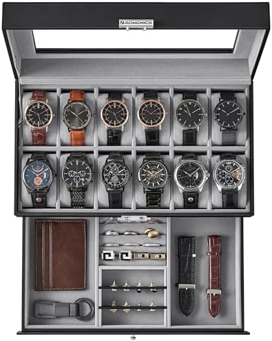 SONGMICS 12-Slot Watch Box, Lockable Watch Case with Glass Lid, 2 Layers, with 1 Drawer for Rings, Bracelets, Gift Idea, Black Synthetic Leather, Gray Lining UJWB012