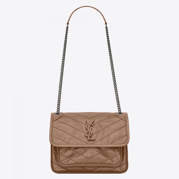 Saint Laurent Baby Niki Chain Bag In Taupe Crinkled Leather